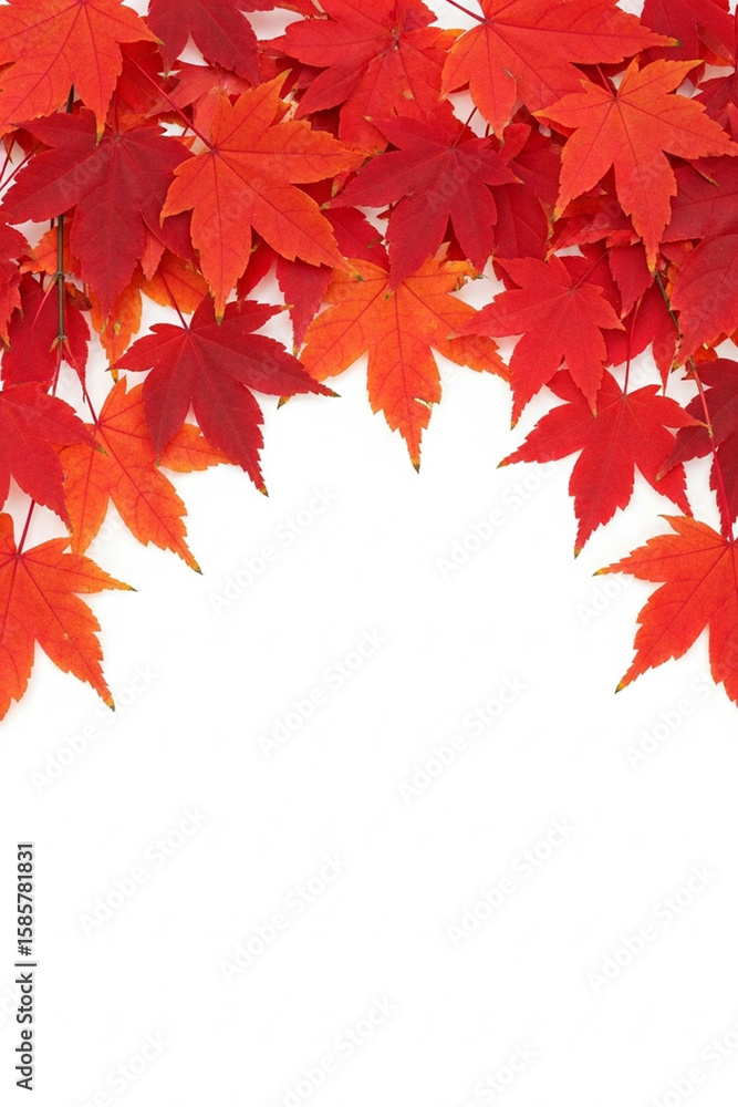 Vibrant red and orange autumn leaves form a border against a white background, showcasing nature's colors in a seasonal display. Vibrant red and orange autumn leaves form a border against a white background, showcasing nature's colors in a seasonal display.