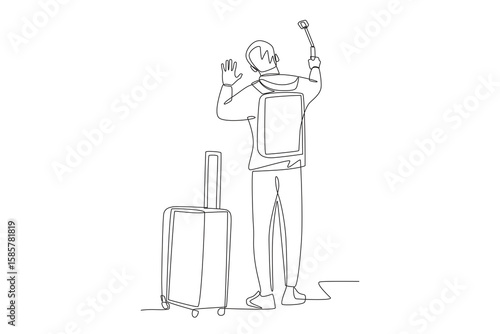 Man makes blog while traveling. Travel bloggers concept one-line drawing