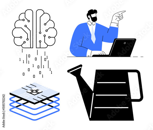 Brain processing data, a professional pondering at a laptop, multilayered chip, watering can cultivating growth. Ideal for AI, innovation, technology, productivity, growth strategy creative