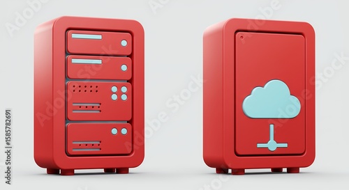 Plakat Red server cabinets and cloud storage illustration