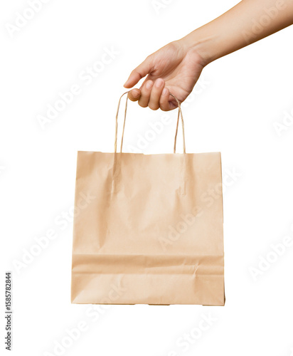 paper bag held by hand on white background.
