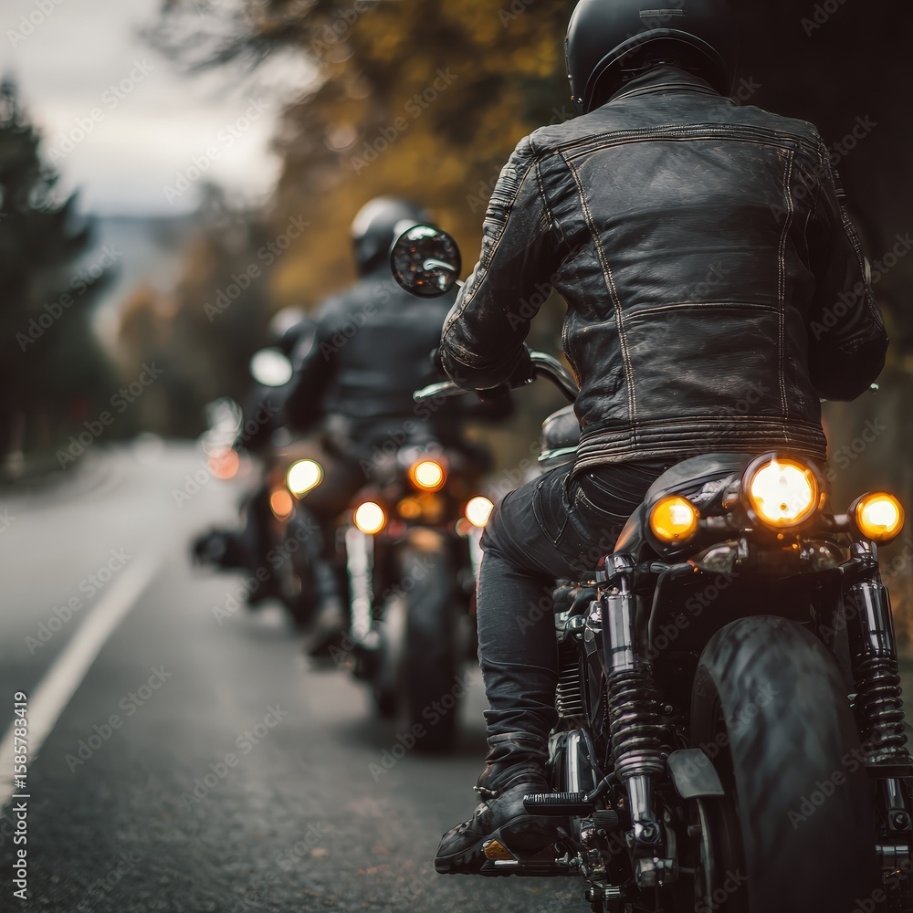 Naklejka premium Motorcyclist Wearing Black Leather Jacket Riding on Road During Fall Season