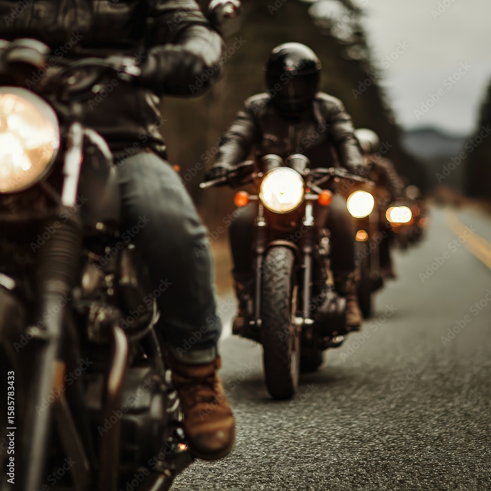 Naklejka premium Group of Motorcyclists Riding on Open Road in Dark Clothing and Helmets