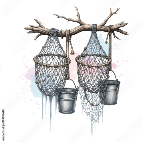 Fishing Net Buckets Watercolor Sublimation