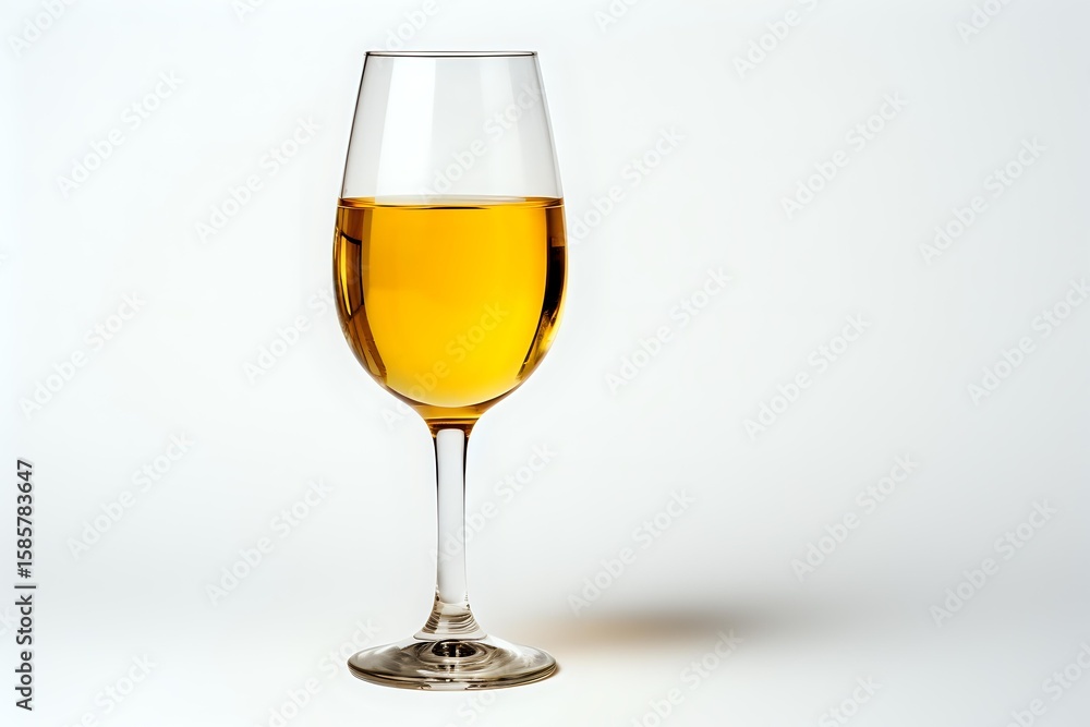 Glass of golden white wine on white background with soft shadow, elegant stemware isolated for restaurant menu, beverage advertising and wine tasting promotion. Glass of golden white wine on white background with soft shadow, elegant stemware isolated for restaurant menu, beverage advertising and wine tasting promotion.