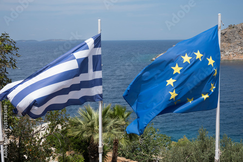 Greek and EU flag, Hydra, Saronic Islands, Greek Islands, Greece, Europe