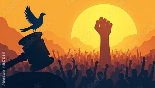 politics and political science or social justice or law concept abstract image/ globe, gavel and human gang