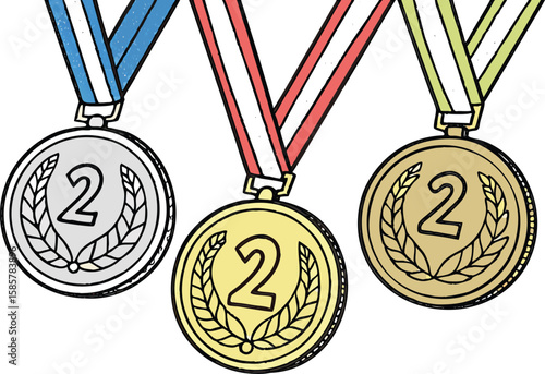 Gold silver and bronze medal with ribbon . first second and third place winner awards. medal icon set for competition, game, achievement. transparent png and vector,achievement, award, competition,