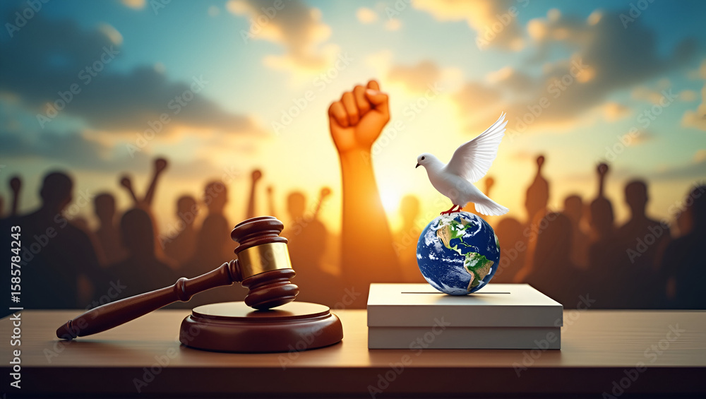 Obraz premium politics and political science or social justice or law concept abstract image/ globe, gavel and human gang