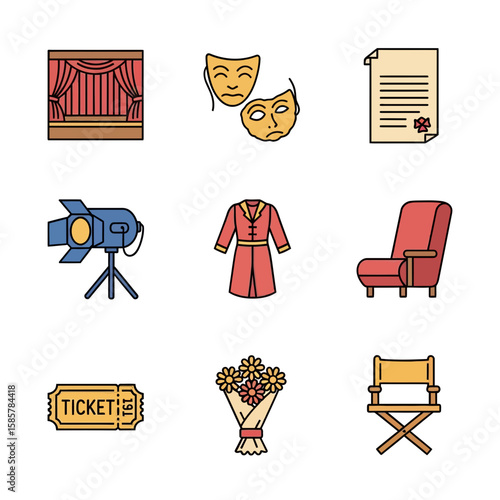 A collection of colorful line icons representing theater, acting, and the performing arts.