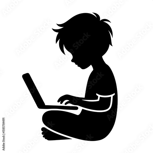 Black and White Vector Silhouette of a Boy Sitting with Laptop on Lap