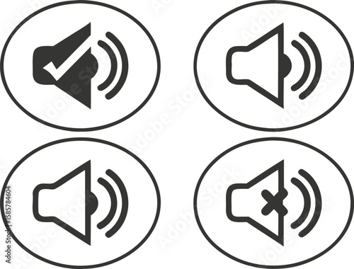 speaker icon set. sound on and mute button with volume increase and decrease symbol. icons for player, video, app, ui design element. transparent png and vector.buttons, graphic, increase, loud,