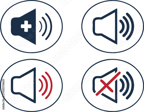 speaker icon set. sound on and mute button with volume increase and decrease symbol. icons for player, video, app, ui design element. transparent png and vector.buttons, graphic, increase, loud,