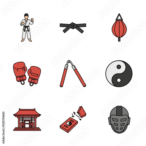 Martial Arts Gear and Training Icons for Karate, Boxing, and Self-Defense