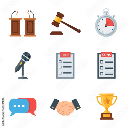 A collection of flat design icons illustrating concepts of debate, public speaking, negotiation, and competitive achievement