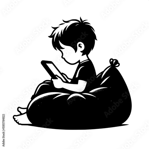 Black and White Vector Silhouette of a Boy Sitting on Beanbag with Tablet