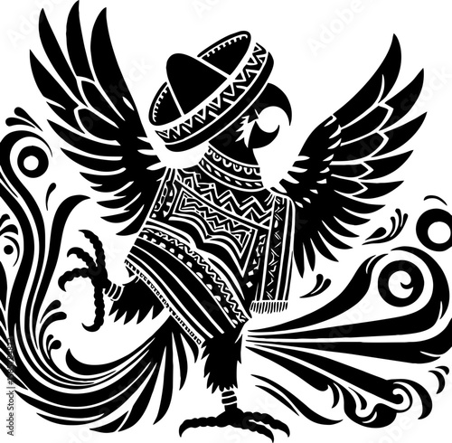 Solid black silhouette of parrot in Mexican sombrero 