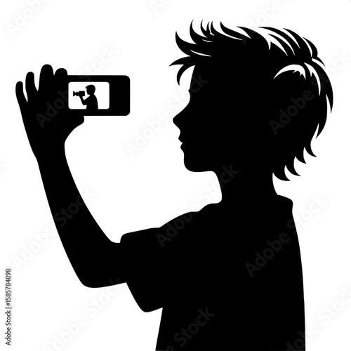 Black and White Vector Silhouette of a Boy Filming with Smartphone