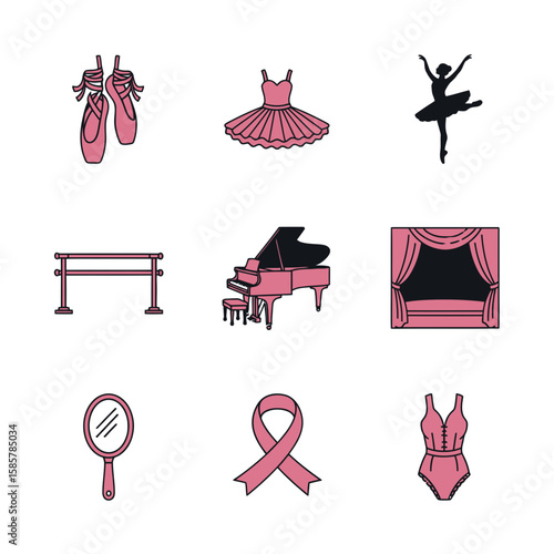 Collection of ballet-themed icons including pointe shoes, tutu, dancer silhouette, barre, piano, stage, mirror, ribbon, and leotard.