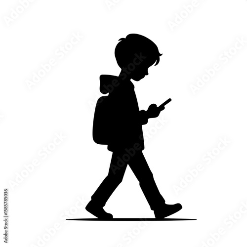 Black and White Vector Silhouette of a Boy Browsing Phone While Walking