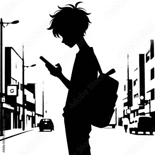 Black and White Vector Silhouette of a Boy Browsing Phone While Walking