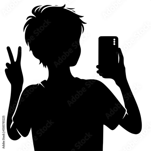 Black and White Vector Silhouette of a Boy Making a Peace Sign in Mirror