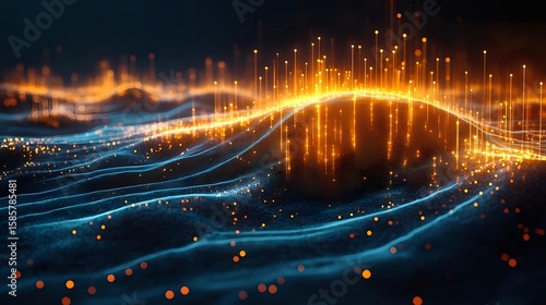 Glowing orange and blue waves with light particles creating dynamic motion effect against dark background, representing digital technology and data flow.