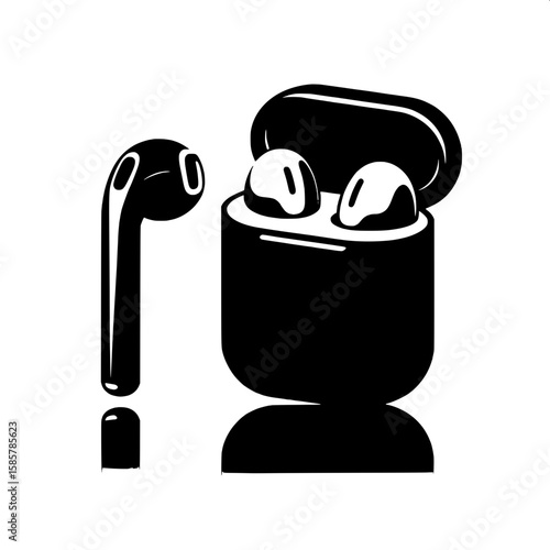 Black and White Vector Silhouette of Wireless Earbuds with Case