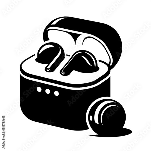 Black and White Vector Silhouette of Wireless Earbuds with Case