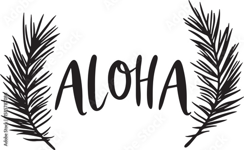 set of black vectors of word aloha and tropical leaves
