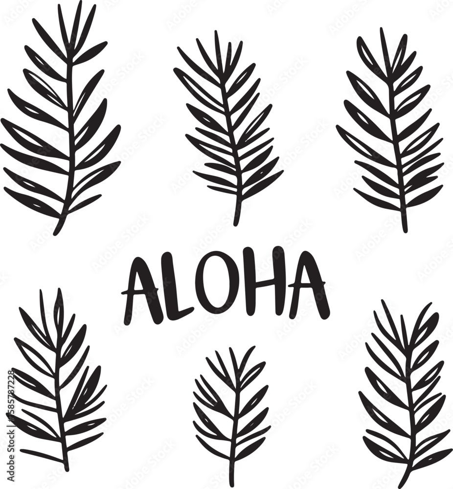 Fototapeta premium set of black vectors of word aloha and tropical leaves