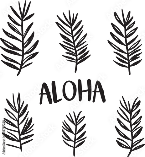 set of black vectors of word aloha and tropical leaves