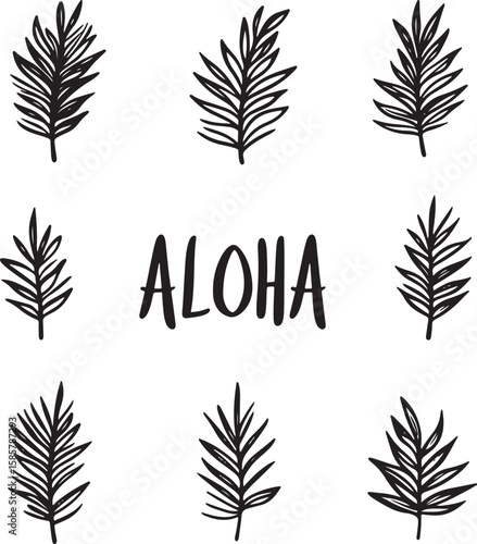 set of black vectors of word aloha and tropical leaves