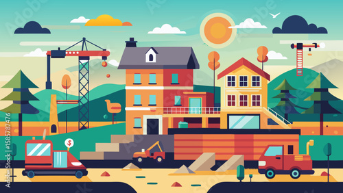 Vector art of a lively illustration of a construction scene with houses, cranes, trucks, and hilly background