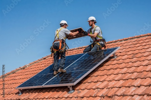 Wallpaper Mural Workers Installing Solar Panels on Tiled Roof, Modern Clean Energy, Home Efficiency, Eco Technology, Electricity Generation, Solar Cell Placement, Renewable System Installation

 Torontodigital.ca