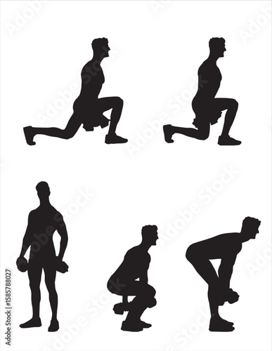 Weight Training Exercises Vector Silhouettes on White Background.