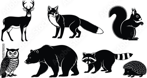 Black silhouettes show a deer, fox, owl, bear, raccoon, squirrel, and hedgehog
