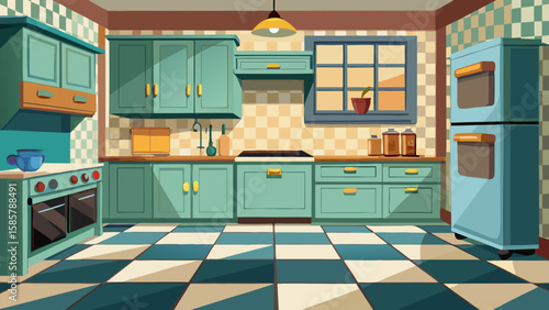Vector art of a charming retro kitchen with teal cabinets, checkered floor, and a large window