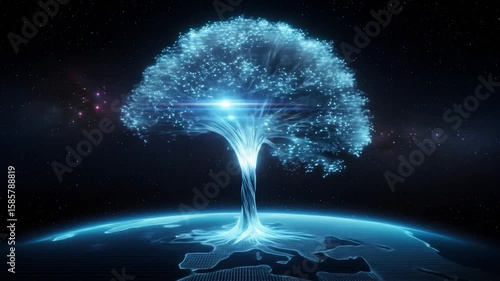 Digital Tree growing on globe, with space background. Data analysis, future, technology, growth