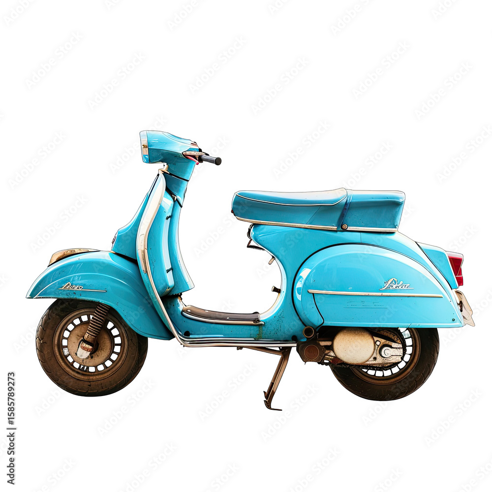 Obraz premium A vintage, light-blue scooter, slightly weathered, is shown in profile view against a black background. Its classic design features a curved body, a comfortable seat, and slightly dirty wheels
