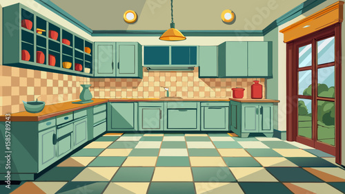Vector art of a spacious cartoon kitchen featuring teal cabinets, a tiled backsplash, and a checkered floor