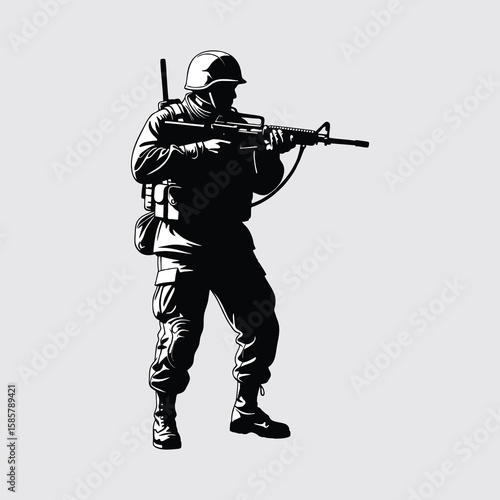 Silhouette of a soldier with a weapon on the battlefield