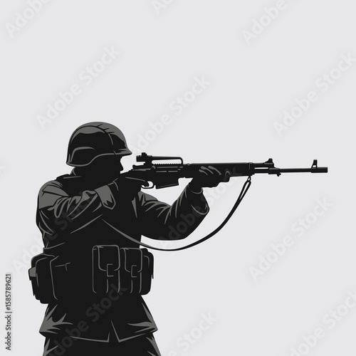 Silhouette of a soldier with a weapon on the battlefield
