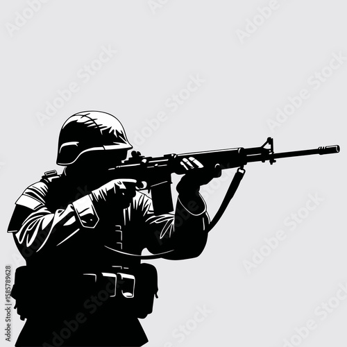 Silhouette of a soldier with a weapon on the battlefield