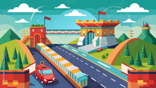 Vector art of an imaginative cartoon landscape featuring a grand bridge, winding road, and unique architectural structures