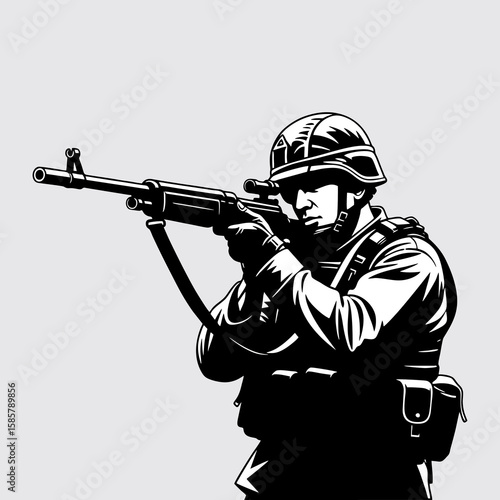 Silhouette of a soldier with a weapon on the battlefield