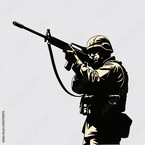 Silhouette of a soldier with a weapon on the battlefield