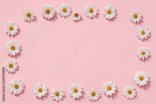 Daisy Flower Frame on Pink, Blank Background for Modern Social Media or Web Banner, Elegant Botanical Mockup

