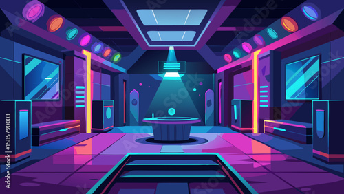 Vector art of a futuristic hallway with glowing neon lights, screens, and modern architectural elements