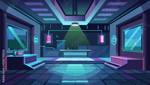 Vector art of a modern futuristic room with a central stage, neon lighting, and comfortable lounge seating